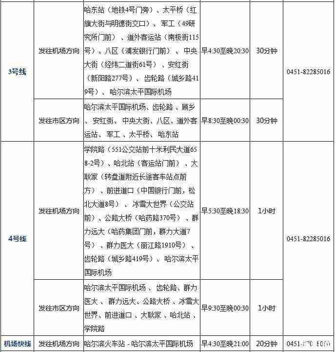 哈尔滨机场大巴时刻表+路线+票价+乘车地点