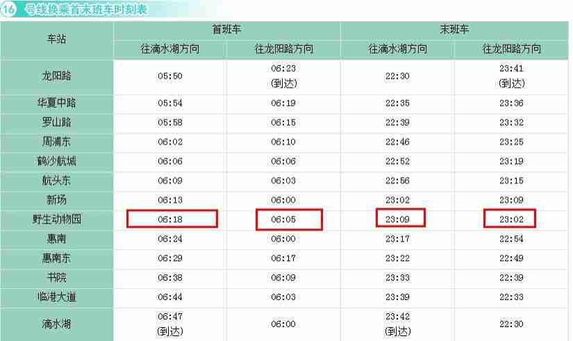 下方是关于地铁16号线的时刻表,大家可以看出,最早的班车次为早上6点
