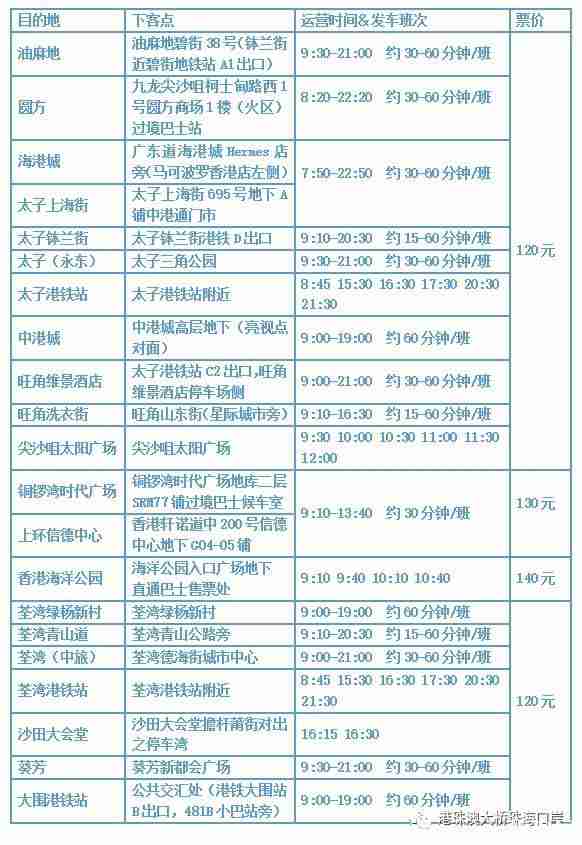 港珠澳大桥跨境直通巴士 票价+时刻表 港珠澳大桥跨境直通巴士 票价+时刻表