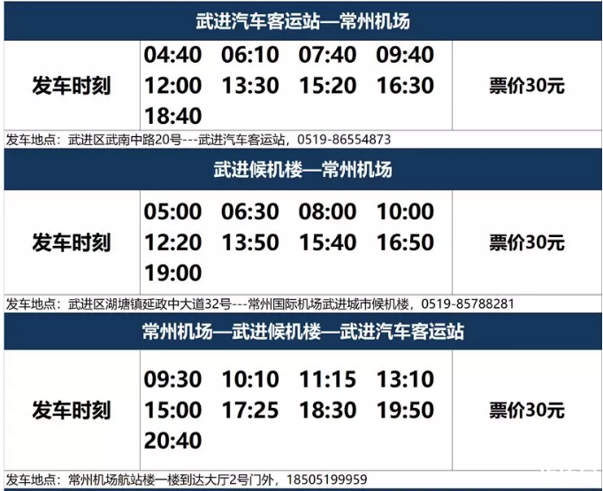 2019常州机场大巴武进专线最新时刻表 2019常州机场大巴武进专线最新时刻表