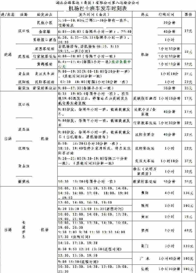 武漢機場大巴時刻表站點發車時間票價