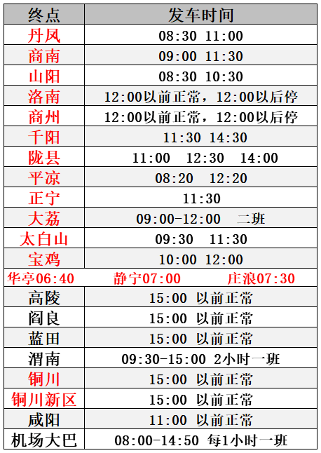 2021西安客運站春節時刻表