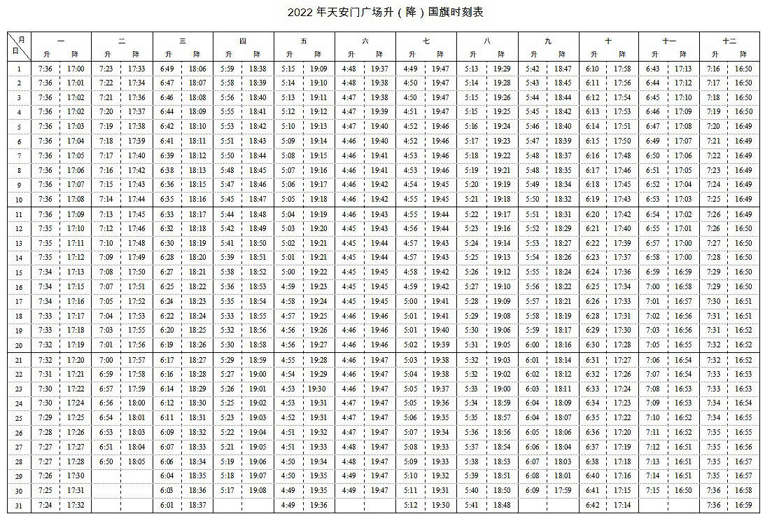 天安人民广场升(降)国旗时间2022年,每天都有(据太阳升降时间确定附预约地址)
